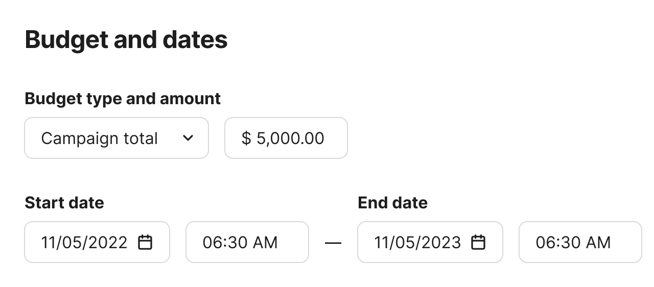 Budget and dates — campaign budget, type, and flight dates.