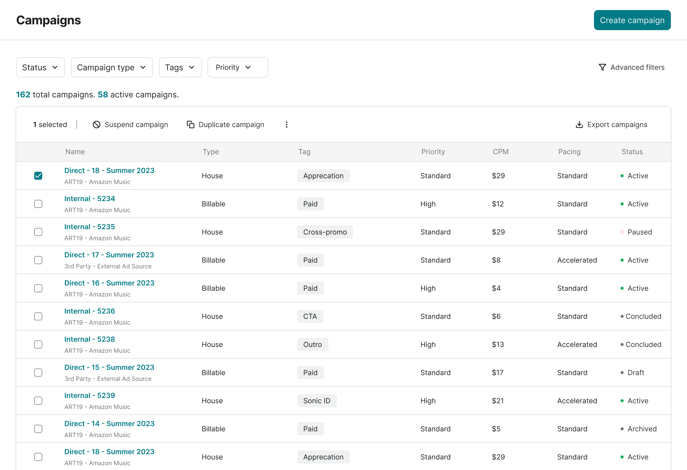 The redesigned campaigns list — filters, bulk actions, and the new taxonomy columns.