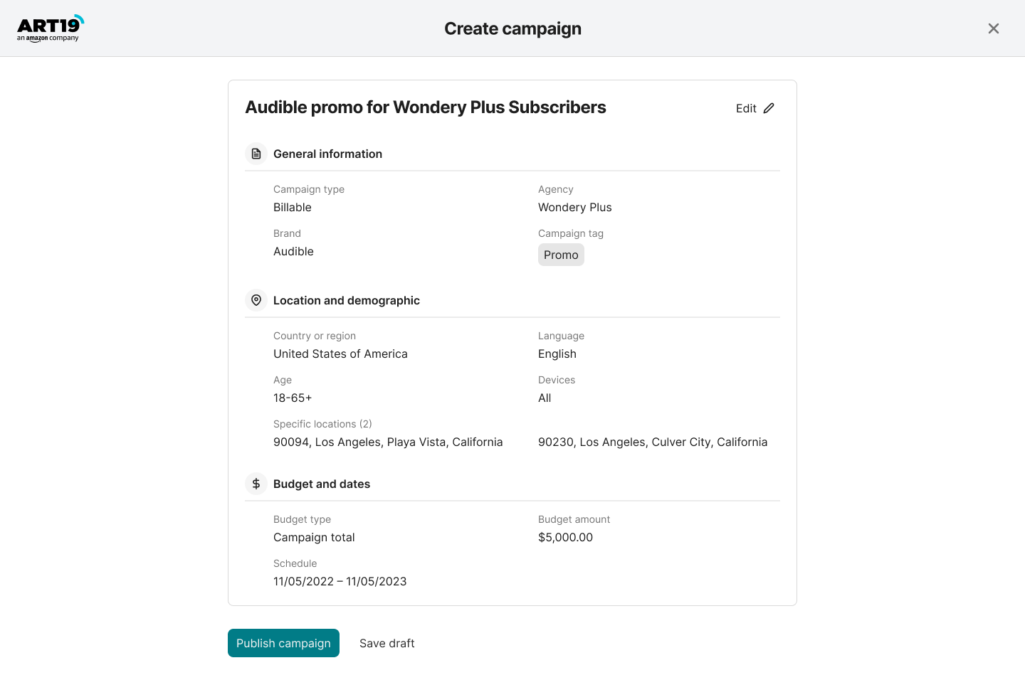 The campaign review and publish screen — a clean summary before going live.