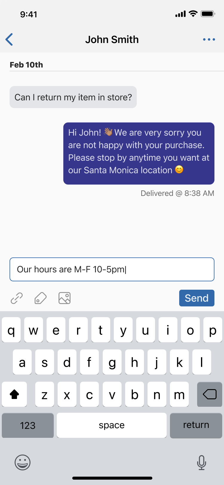A message thread between a business and a customer