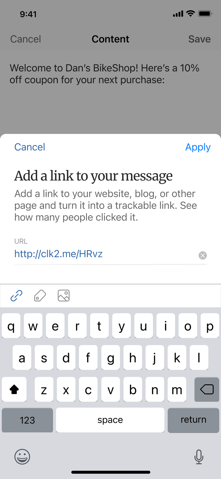 Adding a trackable link to the message