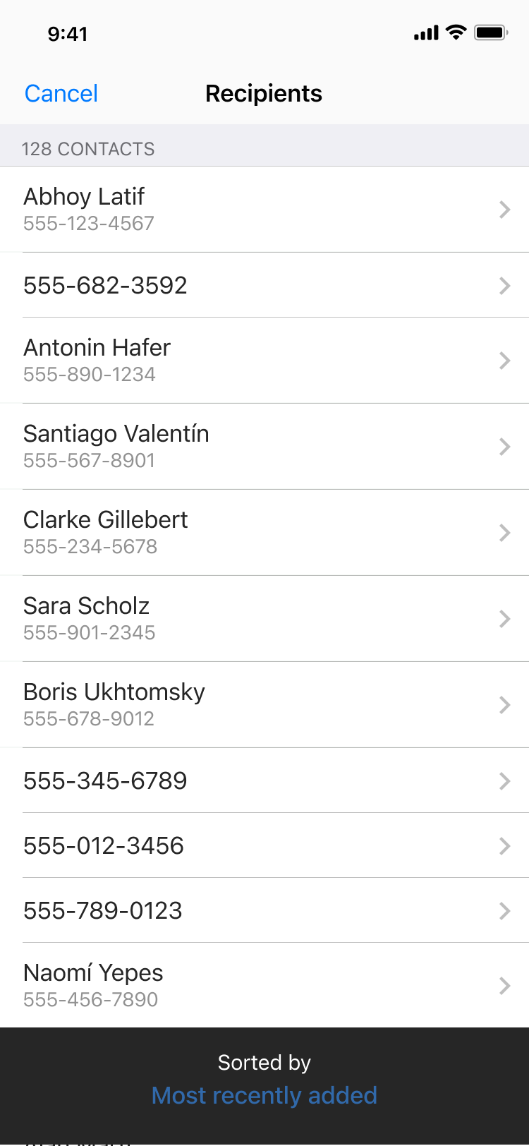 The recipient contact list