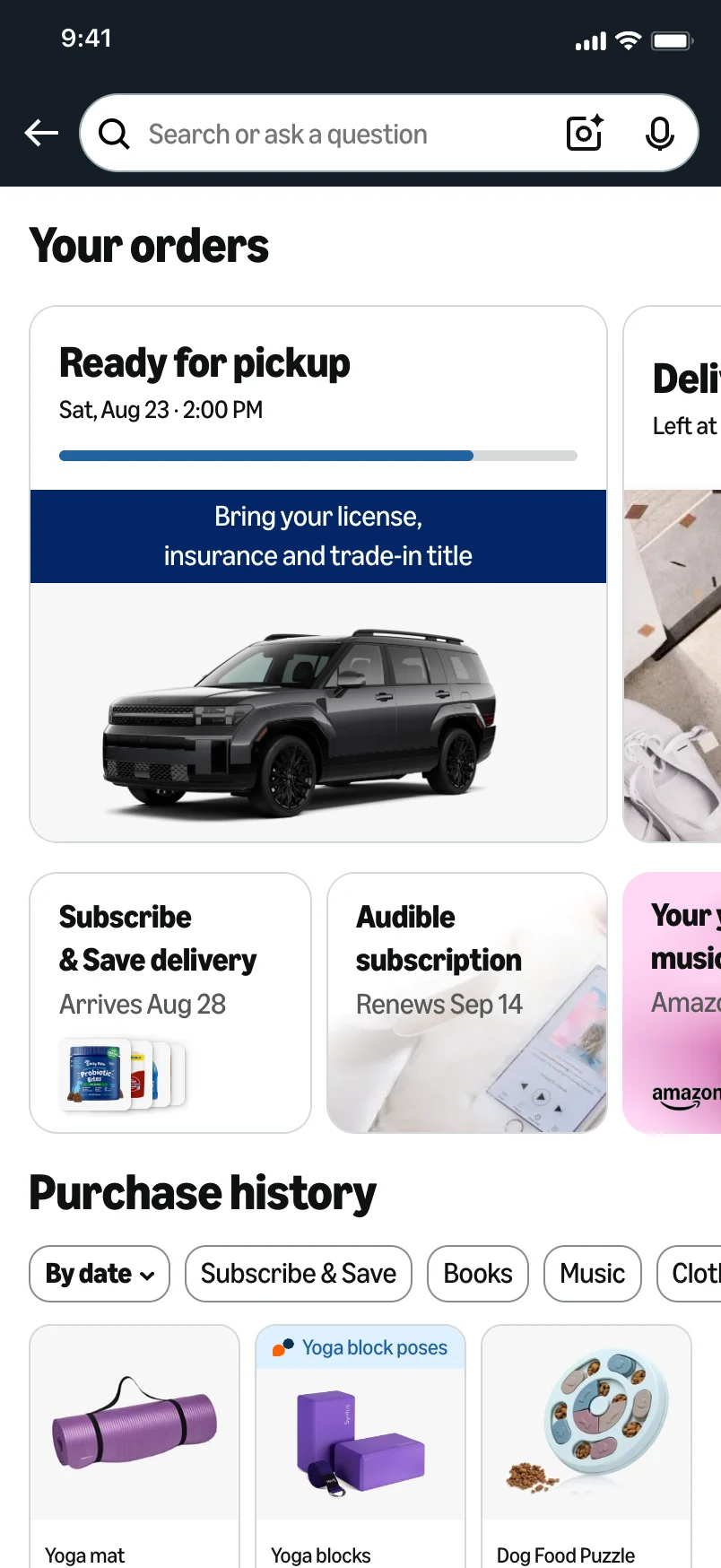Your Orders on Amazon: the Santa Fe sits alongside everyday orders, Ready for pickup, with a reminder to bring a license, insurance and the trade-in title