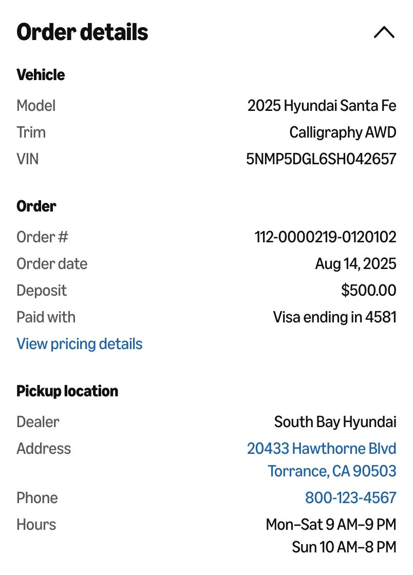 Order details in one row layout: the vehicle and VIN, the order, deposit and card, and the pickup location with its hours