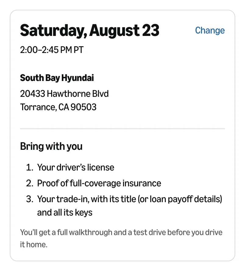 Pickup appointment card: date, time, dealership and what to bring, with a Change link