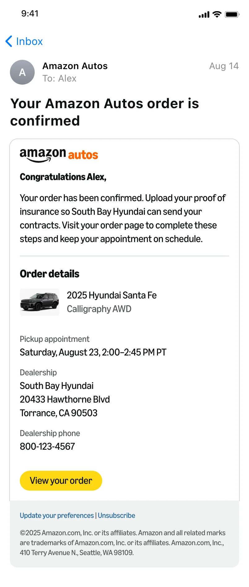 The order confirmation email: what to do next, the order details, the pickup appointment and the dealership