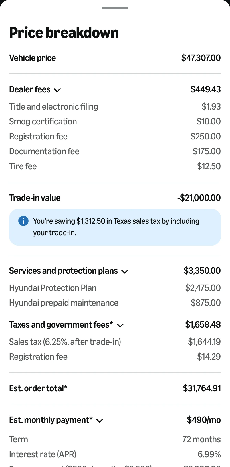 Price breakdown for a Texas buyer: a note that including the trade-in saves $1,312.50 in sales tax, the estimated total and a monthly payment of $490