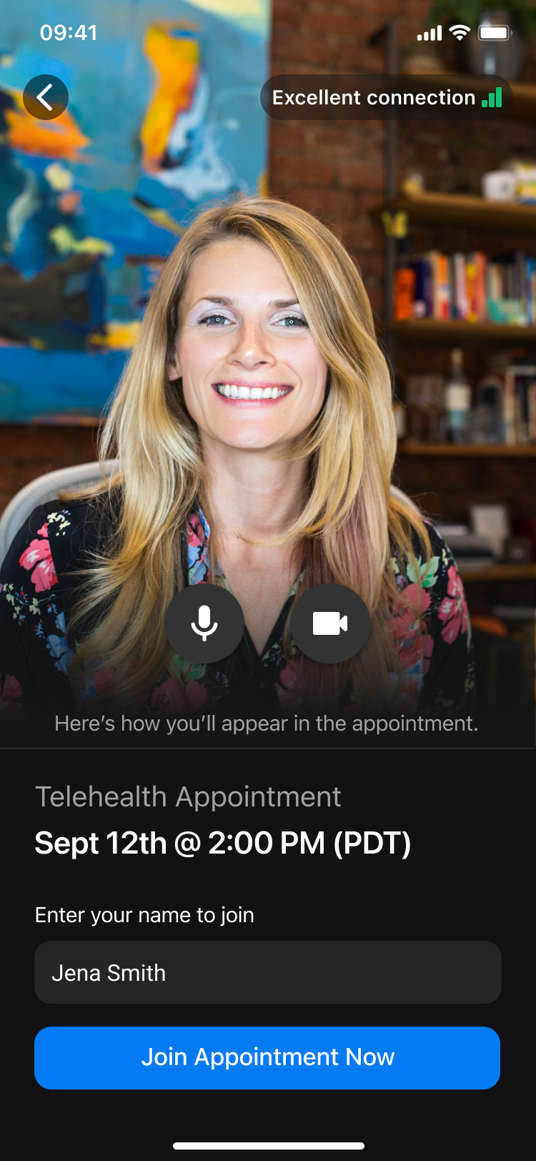 Mobile pre-call screen — a live self-preview marked "Excellent connection", the appointment time, and a field to enter a name and join.