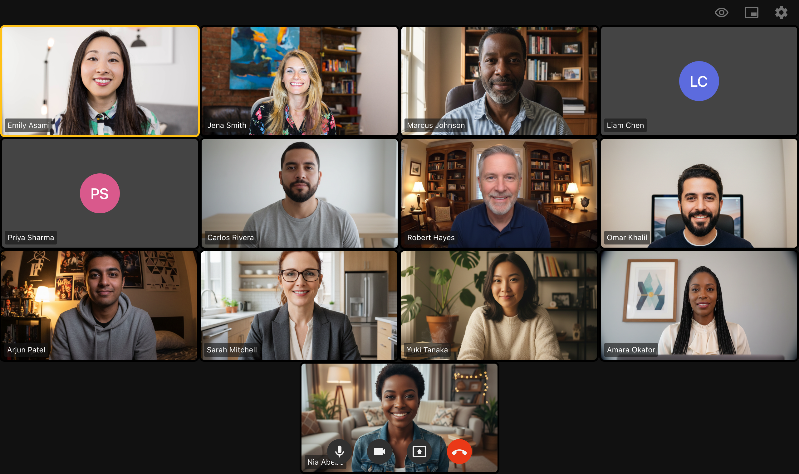 Web grid view — participants tiled evenly across the screen, up to 16 at once.