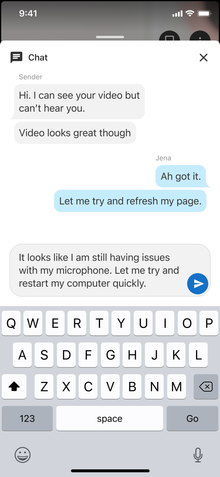 In-call chat on mobile — a text thread for troubleshooting a call without leaving the video.