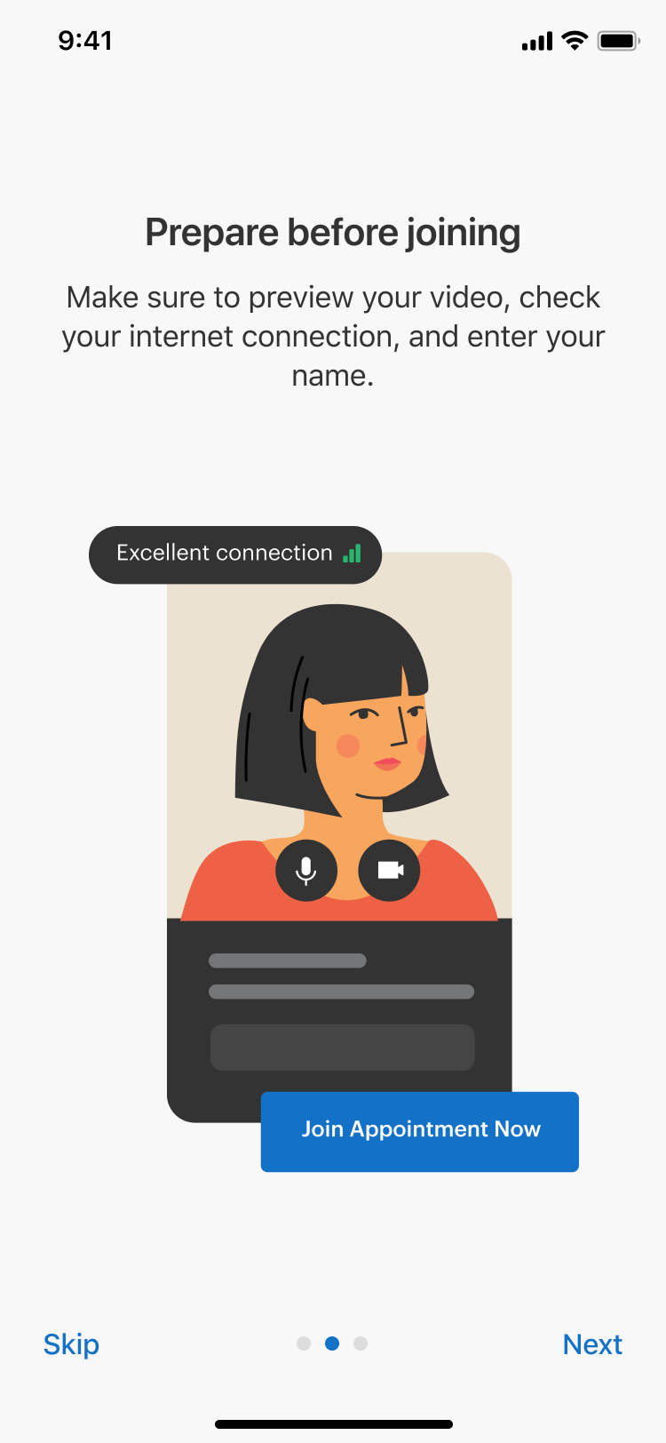 Mobile onboarding — a "Prepare before joining" step telling patients to preview their video, check their connection, and enter their name.